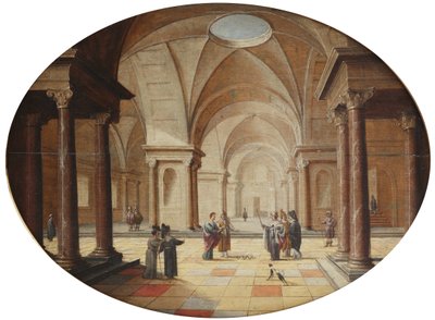 Interior de un palacio clásico con Moisés transformando el cetro del faraón en una serpiente (óleo sobre tabla) de Hans Juriaensz. van Baden