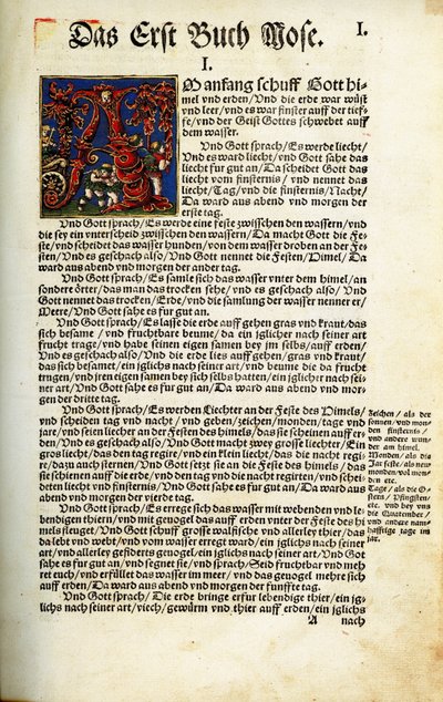 La página de apertura del Libro del Génesis en la traducción de la Biblia de Martín Lutero de 1534 de Hans Luft