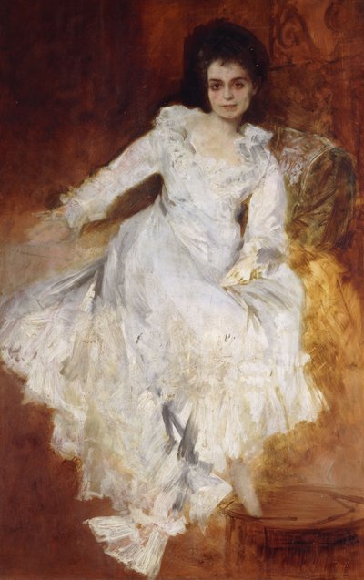 Retrato de una dama con un vestido blanco reclinada en un sofá de Hans Makart