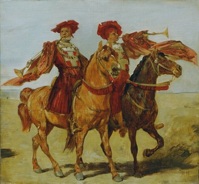 Dos jugadores de fanfarria montados de Hans Makart