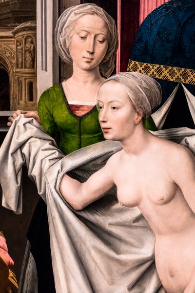 Betsabé en el baño, hacia 1485 (Témpera y óleo sobre madera (roble)) de Hans Memling
