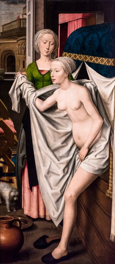 Betsabé en el baño, hacia 1485 (Témpera y óleo sobre madera (roble)) de Hans Memling