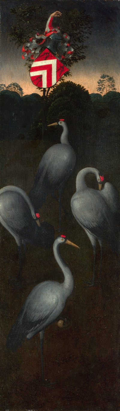Grullas con el escudo de armas de la familia Pagagnotti El reverso de un panel de un tríptico, c. 1480 de Hans Memling