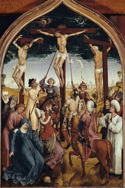 Crucifixión, parte derecha del díptico de Juana de Francia de Hans Memling