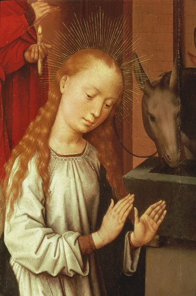 (detalle) de la Virgen de una Escena de Natividad de Hans Memling