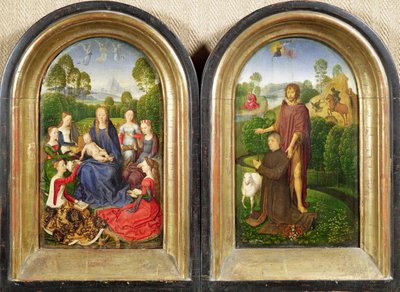 Díptico de Jean du Cellier: La Virgen y el Niño con santos y el donante presentado por San Juan Bautista, c.1490 de Hans Memling