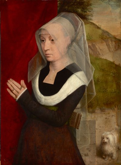 Femme en priere avec son chien - Mujer orante con su perro, de Memling, Hans (1433/40-1494). Óleo sobre madera de Hans Memling