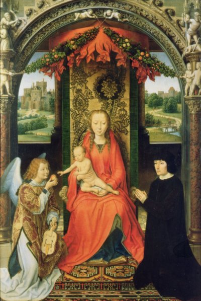 Madonna y Niño con Donantes y un Ángel, panel central de un tríptico, 1485-90 de Hans Memling