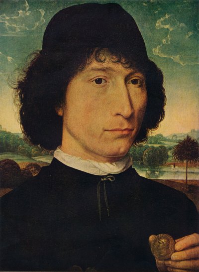 Retrato de un hombre sosteniendo una moneda del Emperador Nerón de Hans Memling