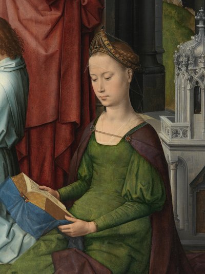 Santa Bárbara, detalle de la tabla central del Tríptico de San Juan Bautista y San Juan Evangelista de Hans Memling
