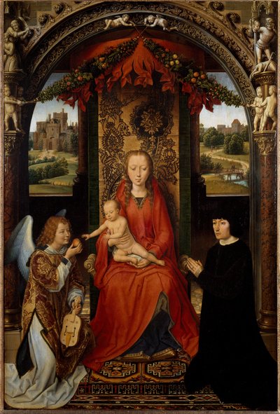 La Virgen y el Niño con el donante y un ángel músico de Hans Memling