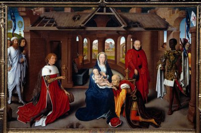 Tríptico de la Adoración de los Magos: panel central. Los magos son como Carlos el Temerario y Felipe el Bueno. Detrempe sobre madera por Hans Memling de Hans Memling