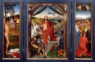 Tríptico de la resurrección. Izquierda: Martirio de San Sebastián. Derecha: la ascensión de Cristo. En el centro la resurrección de Hans Memling
