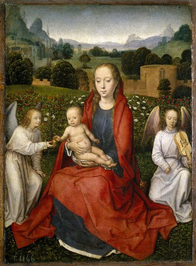 Virgen y niño y dos ángeles, 1480-1490 de Hans Memling