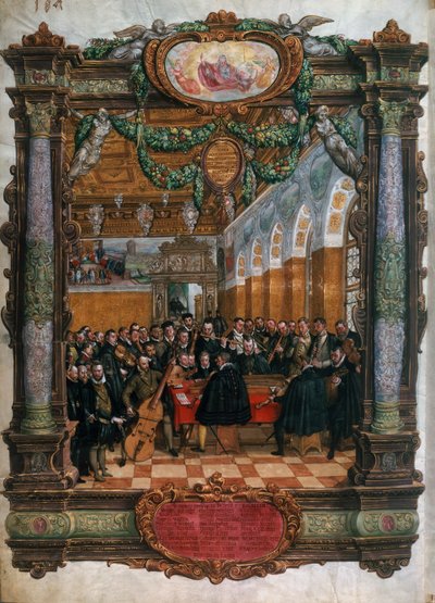 Orlando di Lasso (1532-1594), en la parte inferior izquierda, en concierto para el Duque Albrecht V de Baviera en la corte de Múnich de Hans Mielich or Muelich