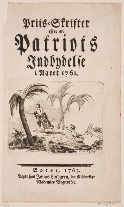 Portada con viñeta para "Priis-Skrifter efter en Patriots Indbydelse i Aaret 1761" de Hans Quist