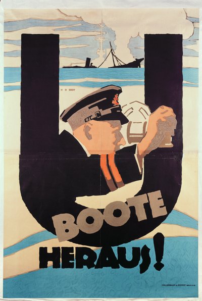 Póster Alemán de la Primera Guerra Mundial, U BOOTE HERAUS (SUBMARINOS FUERA) de Hans Rudi Erdt