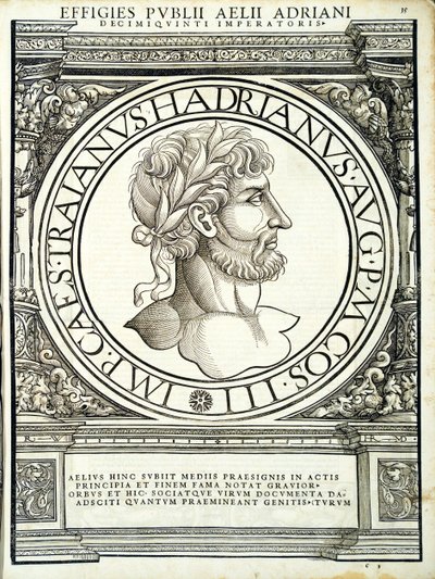 Aelio Adriano, ilustración de Imperatorum romanorum omnium orientalium et occidentalium verissimae imagines ex antiquis numismatis de Hans Rudolf Manuel Deutsch