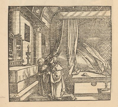 Dos personas rezando en un dormitorio. de Hans Schäufelein (possibly)