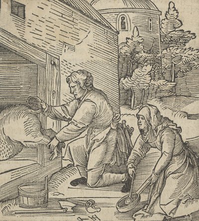 Un granjero sacrificando un cerdo, de Hymmelwagen auff dem, wer wol lebt, 1517 de Hans Schäufelein the Elder