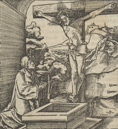Un hombre rezando ante un crucifijo, de Hymmelwagen auff dem, wer wol lebt de Hans Schäufelein the Elder