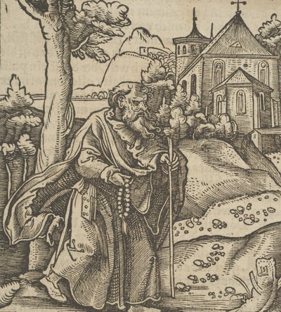 Un viejo peregrino caminando hacia la derecha, de Hymmelwagen auff dem, wer wol lebt..., 1517 de Hans Schäufelein the Elder