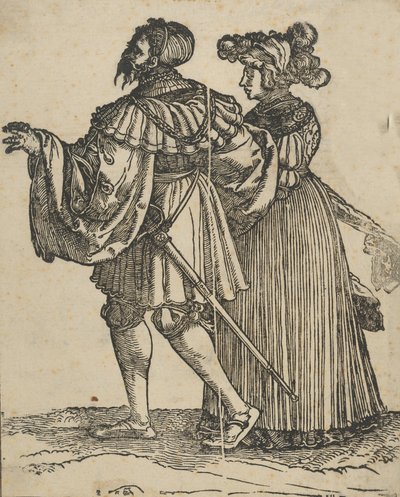 Pareja caminando hacia la izquierda VI, de Los bailarines de boda restrike de Hans Schäufelein the Elder