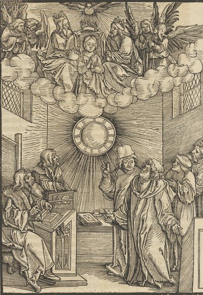 El autor escribiendo el Layenspiegel, La Trinidad y la Virgen en el centro superior, de 1511 de Hans Schäufelein the Elder