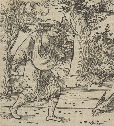 Los pájaros comiendo las semillas del sembrador, de Hymmelwagen auff dem, wer wol lebt..., 1517 de Hans Schäufelein the Elder