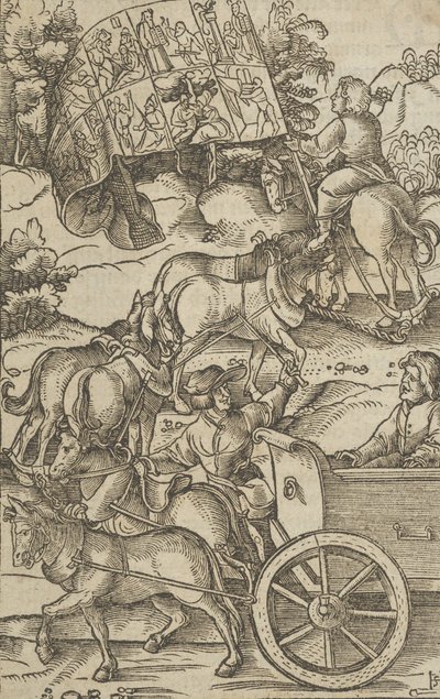 El hombre virtuoso en un carro en su camino al cielo, de Hymmelwagen auff dem, wer wol leb... de Hans Schäufelein the Elder