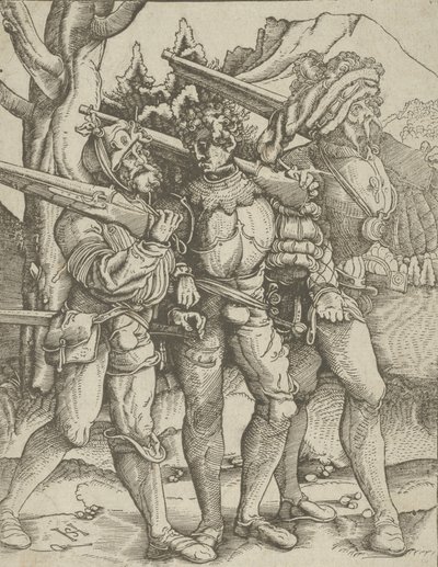 Tres soldados con mosquetes de Hans Schäufelein the Elder