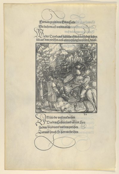 Unfalo haciendo que Theuerdanck caiga en una trampa durante una cacería, de Theuerdanck, 1517 de Hans Schäufelein the Elder