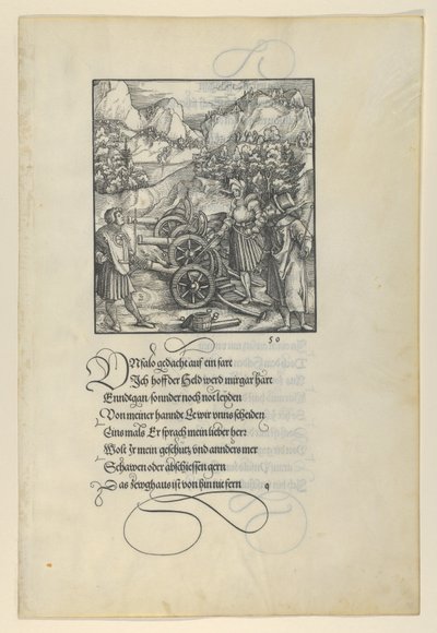 Unfalo poniendo en peligro a Theuerdanck, causando la explosión de tres cañones, del Theuerdanck, 1517 de Hans Schäufelein the Elder