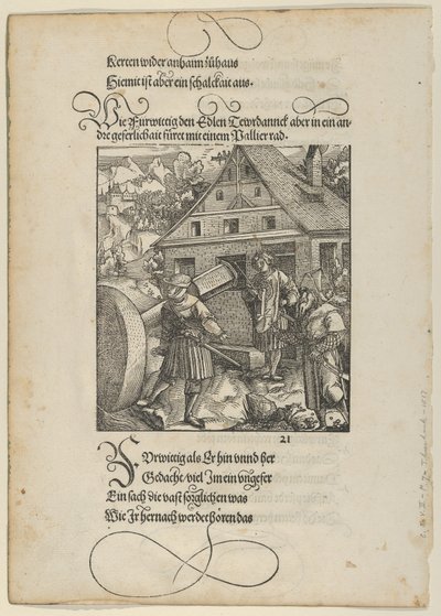 Instado por Fürwittig, Theuerdanck intenta manipular una piedra de pulir, de Theuerdanck,..., 1517 de Hans Schäufelein the Elder