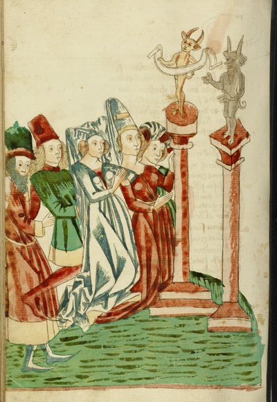 Un grupo de hombres y mujeres adoran dos ídolos, 1469 de Hans Schilling
