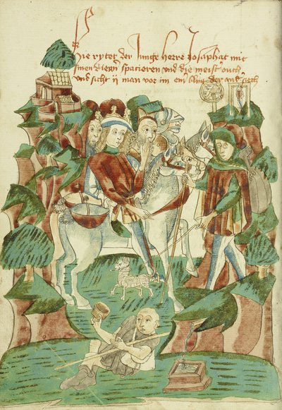 Josafat encontrándose con un ciego y un mendigo Ms Ludwig XV 9 fol. 31v, 1469 de Hans Schilling