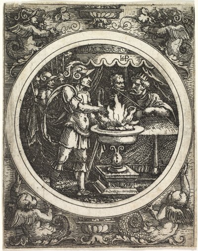 Mucius Scaevola sosteniendo su mano en el fuego de Hans Sebald Beham