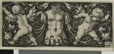 Ornamento con armadura y dos genios, de Cuatro viñetas de Hans Sebald Beham