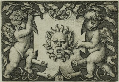 Ornamento con una máscara sostenida por dos genios de Hans Sebald Beham