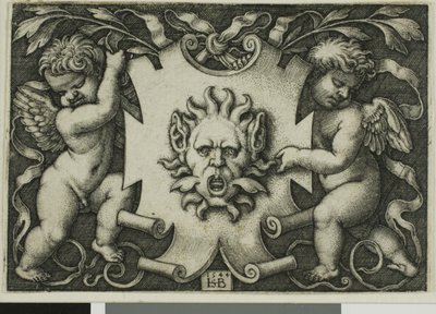 Ornamento con una máscara sostenida por dos genios de Hans Sebald Beham