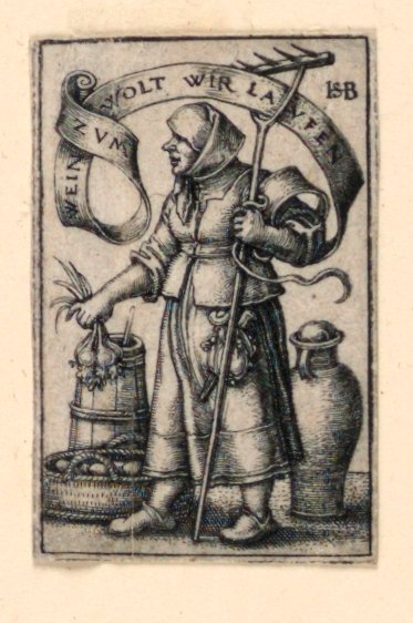 Campesina en el mercado: Zum Wein wolt wir Laufen (Al vino correremos) de Hans Sebald Beham