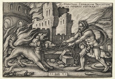 Los trabajos de Hércules: Hércules arrastrando a Cerbero del inframundo de Hans Sebald Beham
