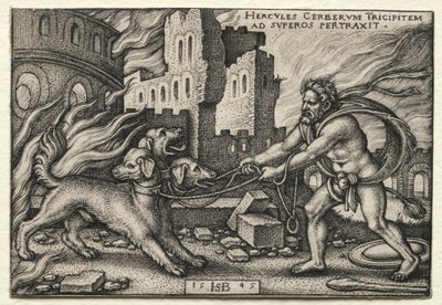 Los Trabajos de Hércules: Hércules Arrastrando a Cerbero del Inframundo, 1545 de Hans Sebald Beham