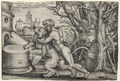 Los trabajos de Hércules: Hércules estrangulando al león de Nemea de Hans Sebald Beham