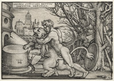Los Trabajos de Hércules: Hércules Estrangulando al León de Nemea de Hans Sebald Beham