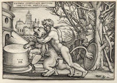 Los trabajos de Hércules: Hércules estrangulando al león de Nemea de Hans Sebald Beham