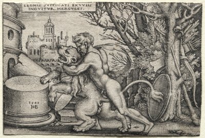 Los Trabajos de Hércules: Hércules Estrangulando al León de Nemea, 1548 de Hans Sebald Beham