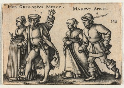La boda campesina o los doce meses: 3-Her Gregorius Mercz 4-Marcus April de Hans Sebald Beham