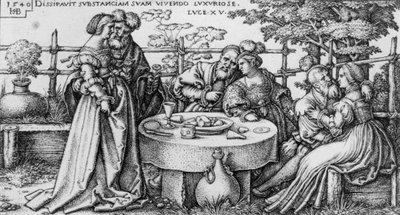 El hijo pródigo malgastando su fortuna, de la serie "La historia del hijo pródigo" de Hans Sebald Beham