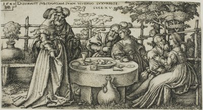 El hijo pródigo desperdiciando su fortuna, lámina dos de La historia del hijo pródigo de Hans Sebald Beham